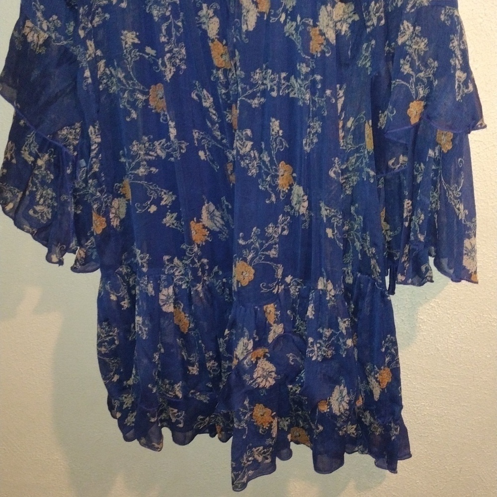 Free People Navy Blue Floral Sunsetter Mini Dress/Tunic Bell Sleeves M - Picture 3 of 6